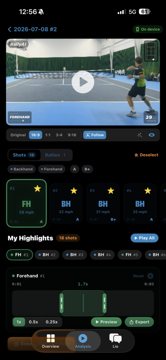 RallyAI swing analysis screen